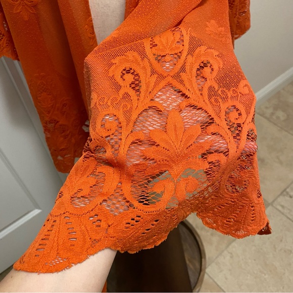 Paper + Tee Sheer Mesh Kimono Open Front Scalloped Embroidered Lace Orange 1X - Picture 9 of 12
